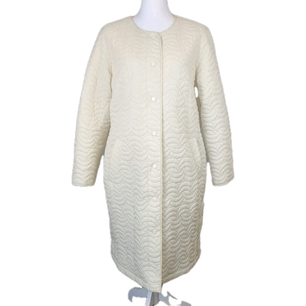 Bagatelle Long Coat Jacket Womens Large Ivory Quilted Lightweight Pockets Snaps